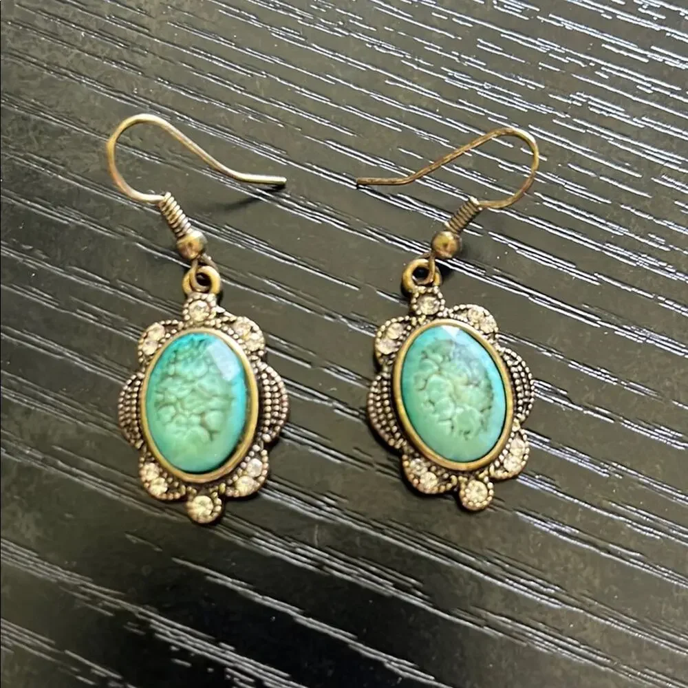 Victorian Antique Gold Filigree Earrings with Turquoise Moss Agate-style Stones